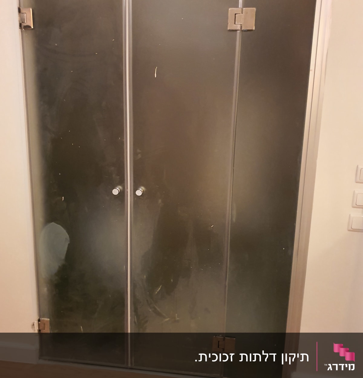 דלת זכוכית חלבית עם ידיות מתכת